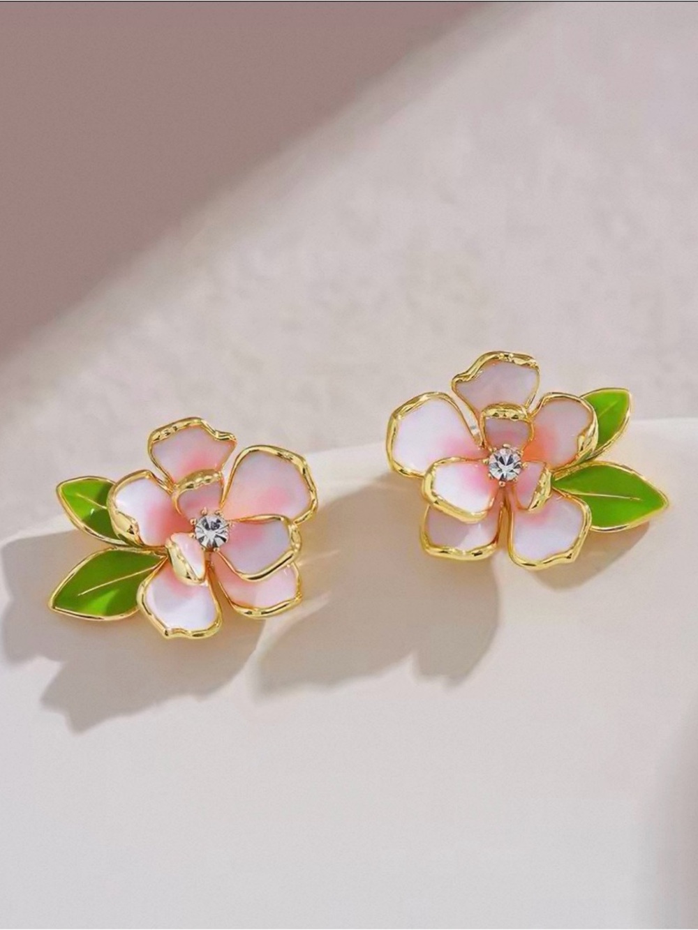 Gold Pink Floral Petal Stud Earrings with Green Leaves